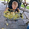 Bray is registered to the contest to win money with this photo: adult, baby, cake, child, eating, face, food, frosting, funny, grass, high_chair, messy, outdoor, patio, picnic, picnic_table, seated, shirt, stone_pavers, toddler