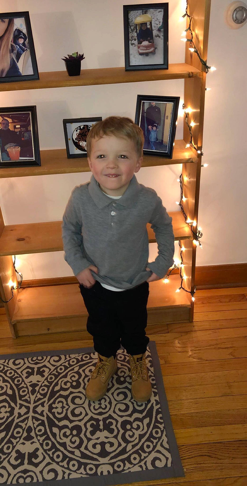 Keagan joined the competition — help win amazing prizes! arm, child, floor, flooring, hardwood, joint, joy, leg, person, room, shoe, shoulder, standing, t_shirt, toddler, wood