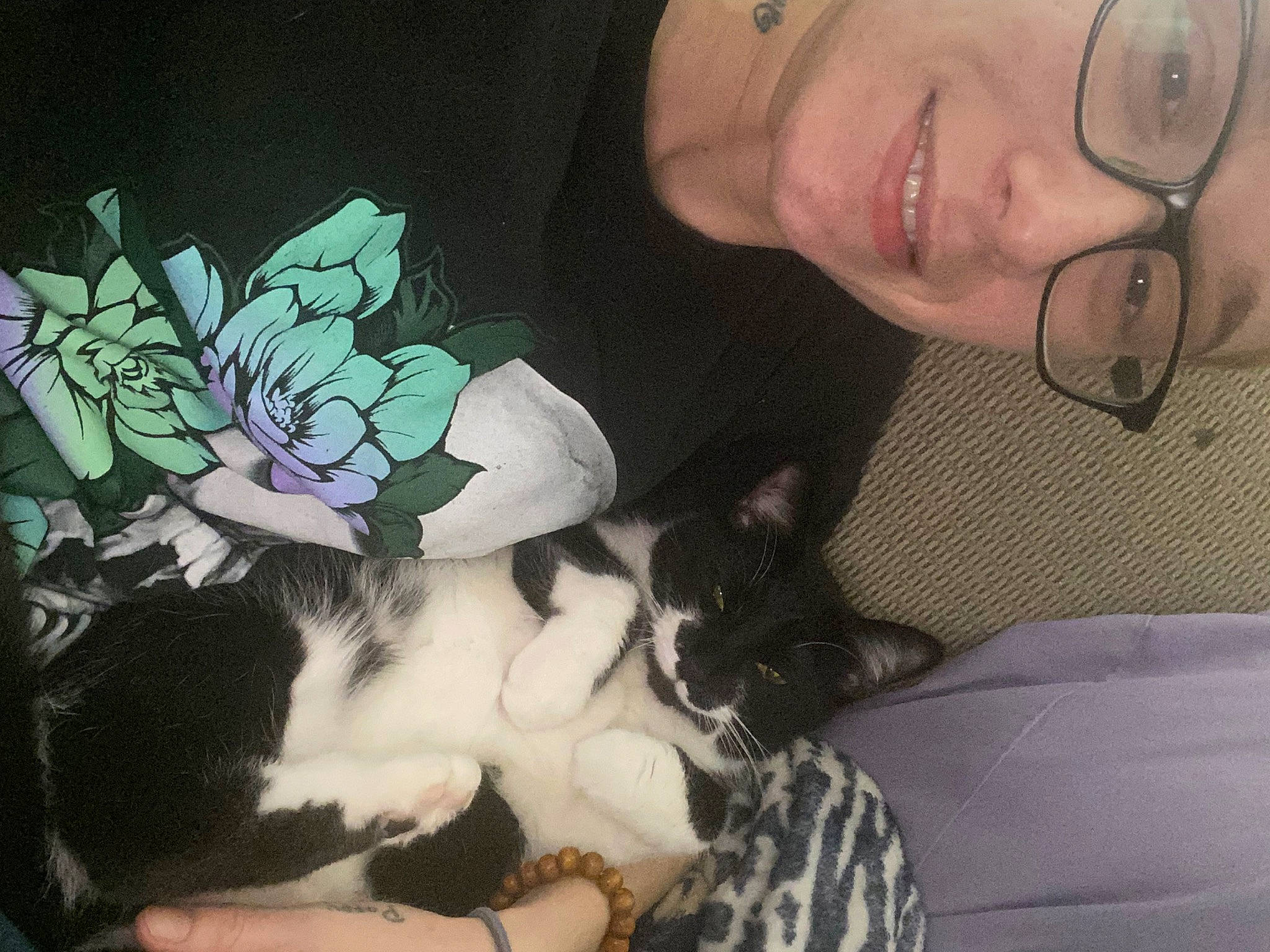 Jinx is registered to the contest to win money with this photo: carnivore, cat, comfort, companion_dog, cool, couch, ear, felidae, gesture, hand, happy, jaw, lap, mouth, petal, plant, small_to_medium_sized_cats, smile, tail, whiskers