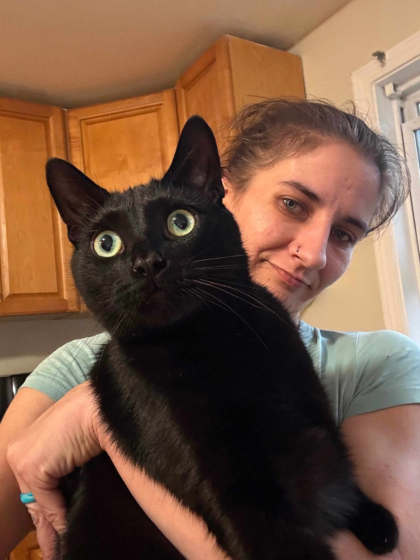 Sissy joined the competition — help win amazing prizes! person, cat, black_cat, indoor, kitchen, wooden_cabinets, holding, pet, wide_eyes, curious, close_up, human, animal, feline, domestic, companion, affection, face, portrait, casual