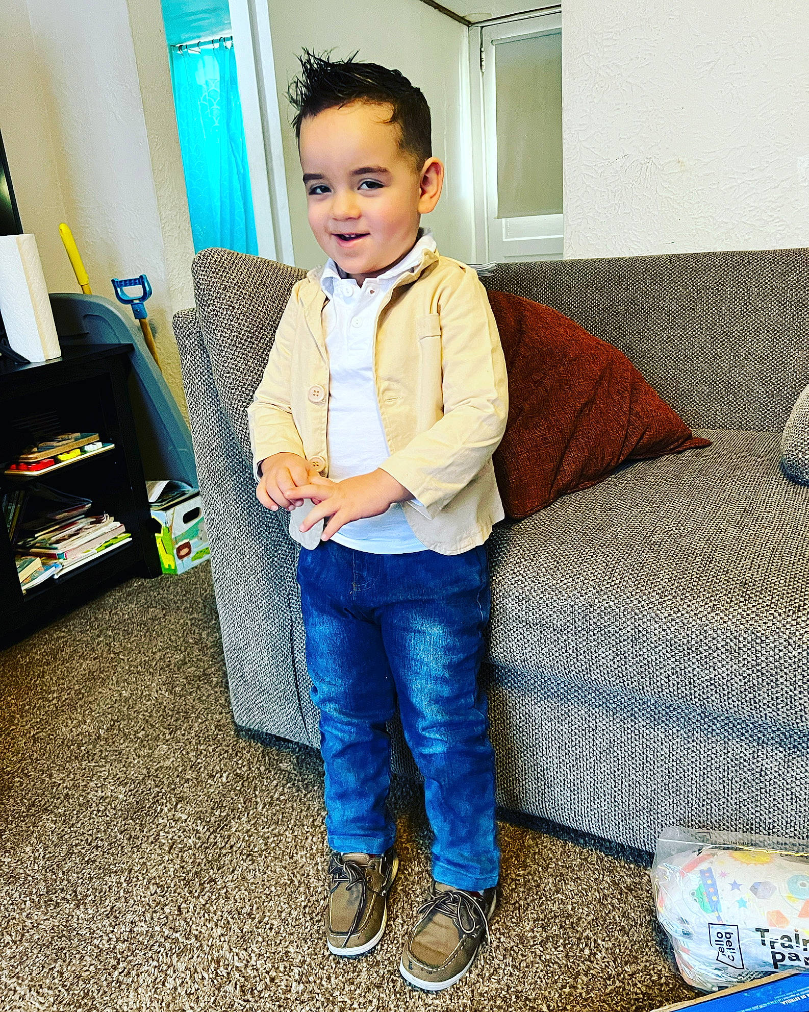 Brecken joined the competition — help win amazing prizes! child, comfort, couch, denim, electric_blue, eye, floor, flooring, happy, head, jeans, joy, living_room, person, room, sleeve, smile, sneakers, t_shirt, tie