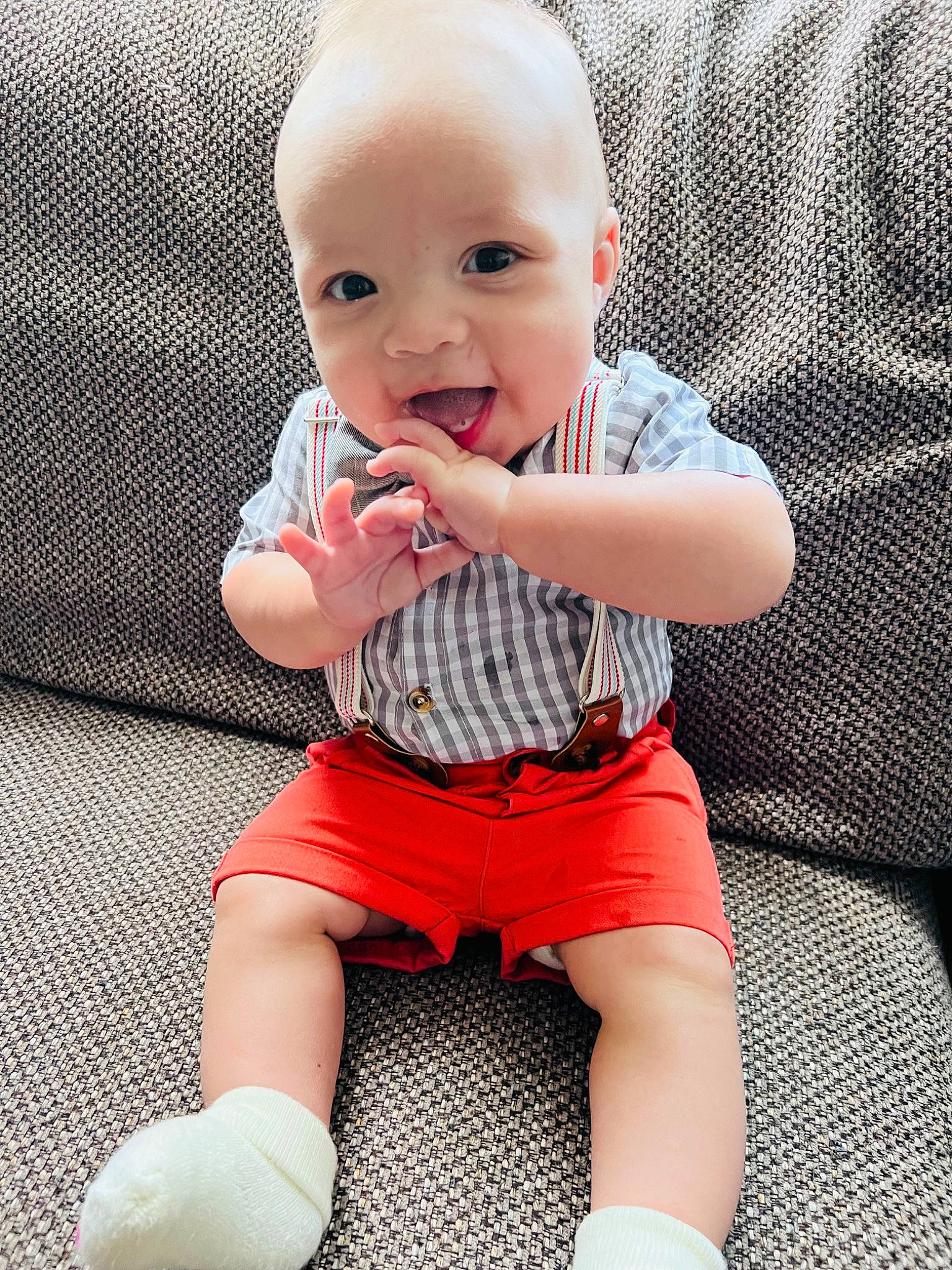 Caiden joined the competition — help win amazing prizes! baby, baby_toddler_clothing, black, cheek, eye, face, finger, happy, joint, knee, leg, person, pink, skin, sleeve, smile, sock, textile, thigh, toddler