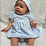 Elaia is registered to the contest to win money with this photo: baby, infant, child, blue_dress, bonnet, lace, white_blanket, cute, sitting, portrait, soft_texture, indoors, adorable, chubby_cheeks, curious, small_hands, white_socks, footwear, fabric, cozy