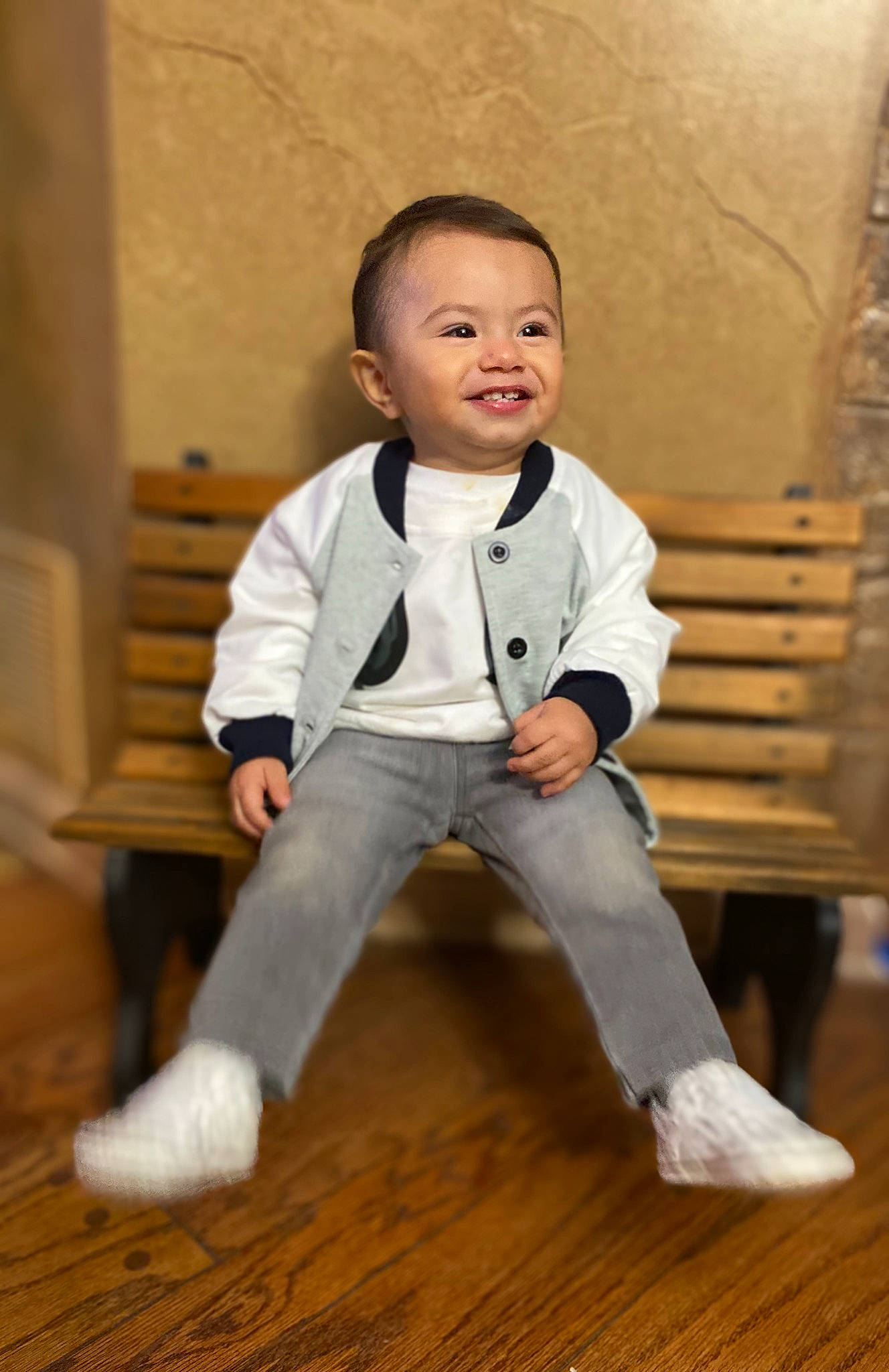 Sergio joined the competition — help win amazing prizes! baby, baby_toddler_clothing, cheek, collar, dress_shirt, flash_photography, flooring, formal_wear, happy, hardwood, joy, laminate_flooring, person, sitting, sleeve, smile, t_shirt, toddler, varnish, wood