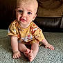 Weston joined the competition — help win amazing prizes! baby, child, blue_eyes, curious, carpet, couch, indoor, sitting, patterned_clothing, small_hands, small_feet, infant, cute, portrait, soft_lighting, expression, hair, furniture, floor, person