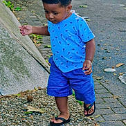 Ange Erane a rejoint le concours — aidez-le/la à gagner de superbes lots ! blue_shorts, blue_tshirt, boy, casual, child, concrete, curb, determined, leaves, nature, outdoor, pebble, sandals, sidewalk, street, summer_clothing, toddler, urban, walking, young_child