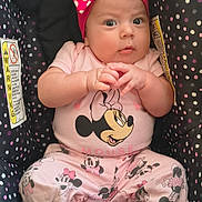 Mayleni joined the competition — help win amazing prizes! baby, infant, child, portrait, car_seat, polka_dots, pink, bow, headband, minnie_mouse, disney, clothing, sneakers, socks, sitting, indoors, wide_eyed, hands, smiling, colorful