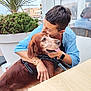 affection, blue_shirt, bracelet, cafe, daylight, dog, golden_retriever, happy, hugging, leash, outdoor, pavement, person, pet, plant, reflection, short_hair, smiling_dog, table, watch