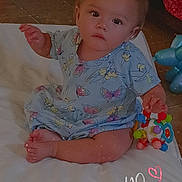 Lila is registered to the contest to win money with this photo: baby, child, infant, sitting, cross_legged, portrait, serious_expression, face, eyes, butterfly_print, dress, blanket, toy, colorful_toy, indoor, home, floor, playtime, text_overlay, heart