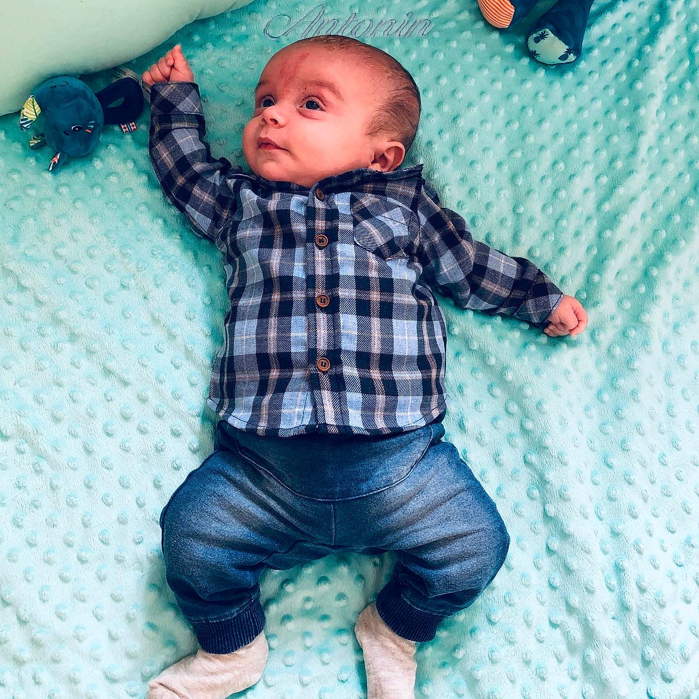 Antonin participe au concours pour gagner de l'argent avec cette photo : baby, baby_toddler_clothing, blue, cheek, child, cool, eye, happy, head, nose, pattern, person, plaid, play, skin, sleeve, smile, standing, toddler
