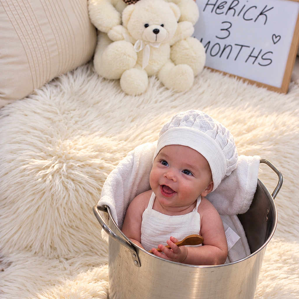 Herick is registered to the contest to win money with this photo: baby, infant, child, smiling, sitting, bucket, metal_container, wooden_spoon, teddy_bears, stuffed_animals, nursery, milestone, three_months, portrait, indoor, blanket, furry_rug, pillows, bonnet, cozy