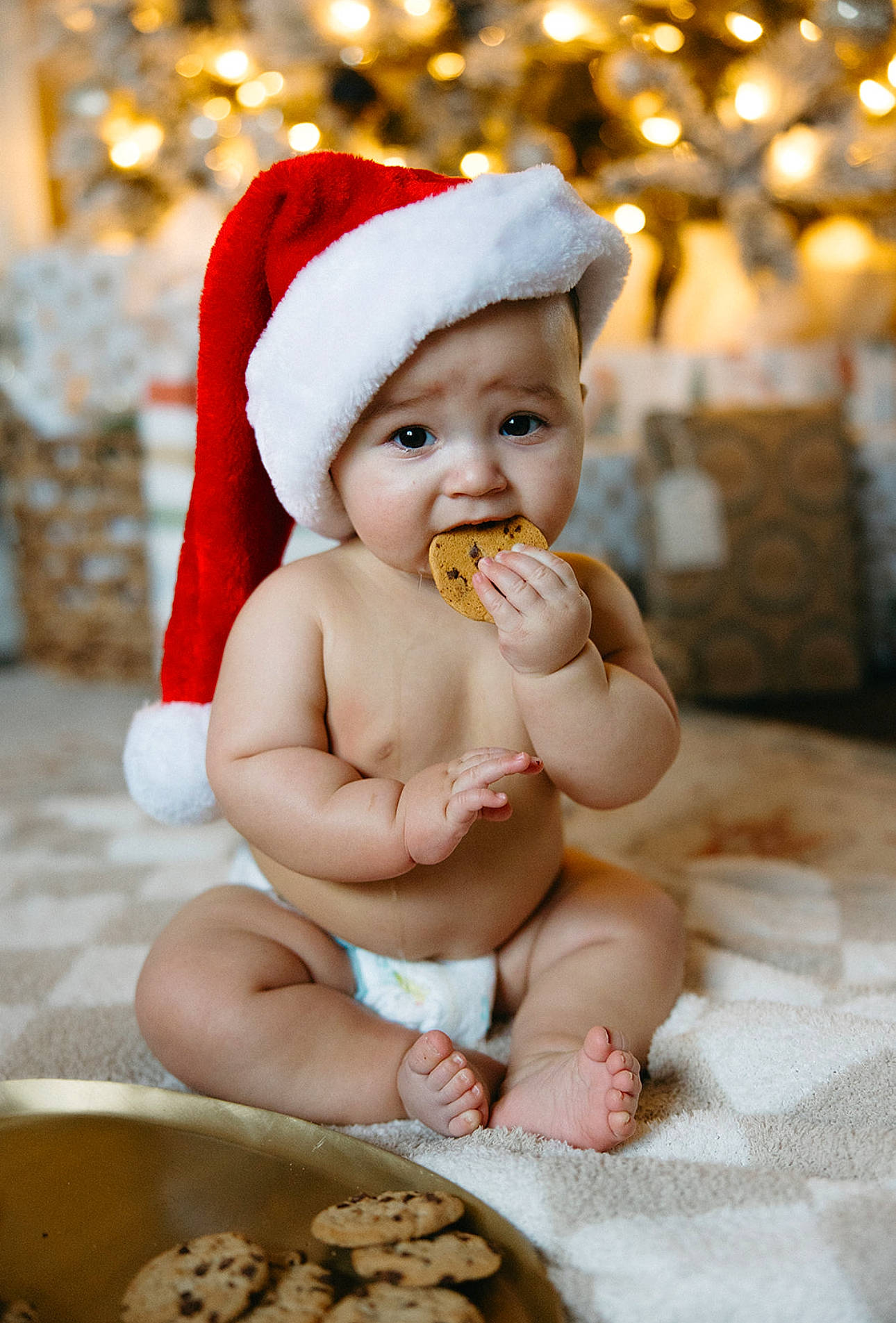 Winston is registered to the contest to win money with this photo: baby, baby_toddler_clothing, cap, child, christmas, event, fashion_accessory, flash_photography, food, foot, fun, happy, headwear, holiday, ingredient, person, santa_claus, sitting, sweetness, thigh