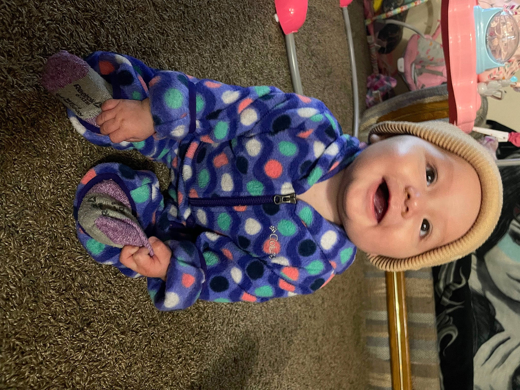 Jacelynn joined the competition — help win amazing prizes! baby, baby_toddler_clothing, child, clothing, foot, fun, grass, happy, hat, headwear, leisure, pattern, person, play, room, sitting, smile, sock, toddler, tree