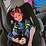 barefoot, blue_clothing, car, car_interior, car_seat, casual, cat_ears, child, child_safety, cute, digital_filter, person, playful, seat, seatbelt, sitting, toy_box, vehicle, window, young