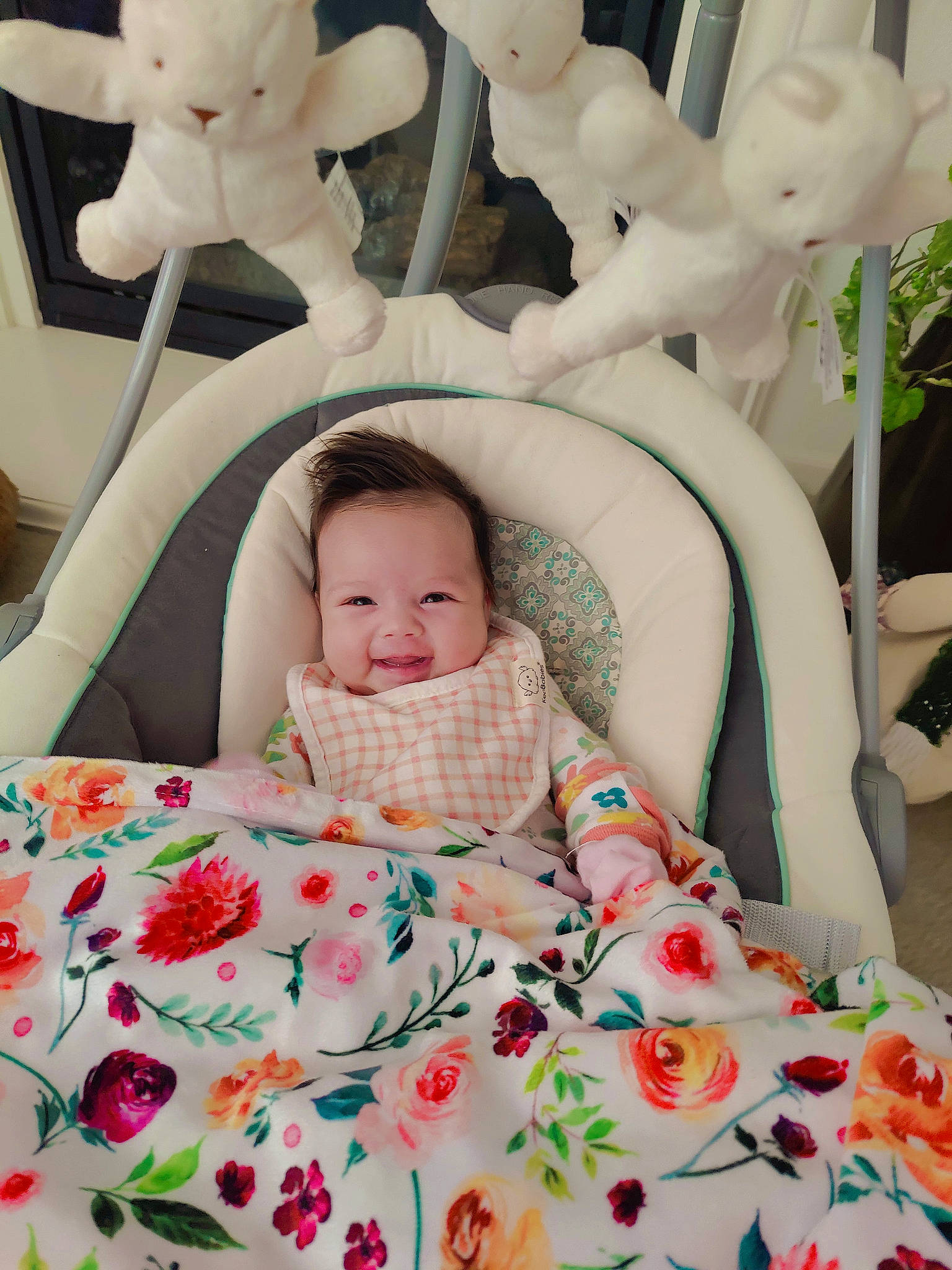 Karlee joined the competition — help win amazing prizes! baby, baby_toddler_clothing, bed, bedding, child, comfort, eyelash, face, linens, mammal, organ, pattern, person, pink, skin, smile, textile, toddler, toy, vertebrate