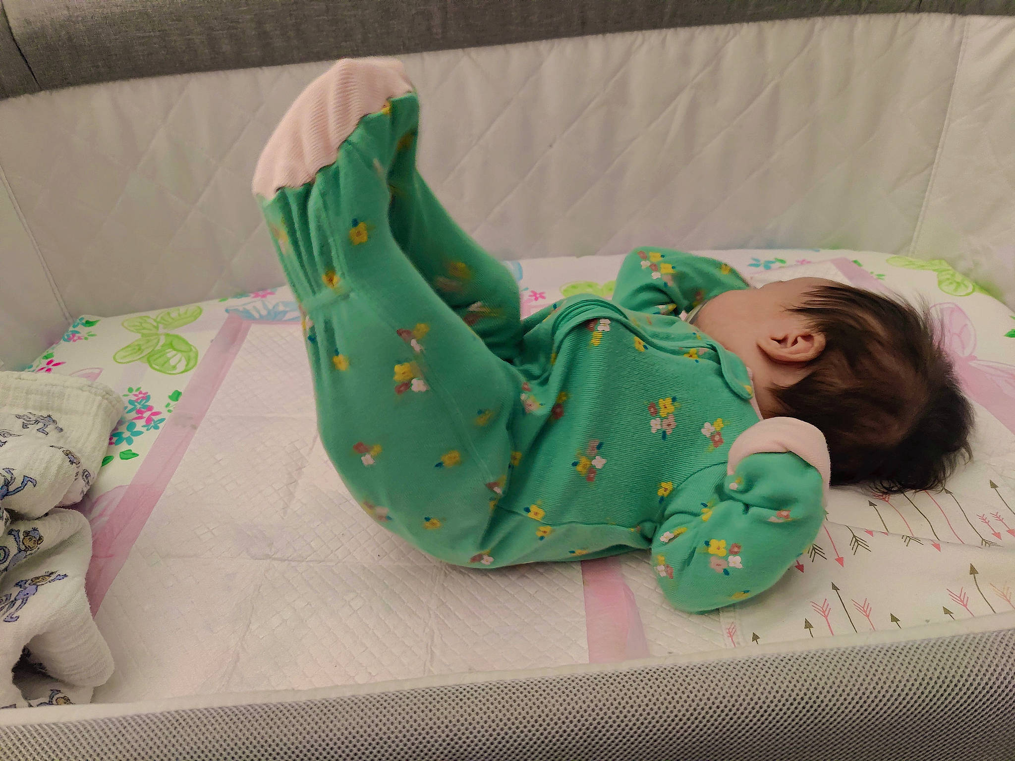 Karlee joined the competition — help win amazing prizes! baby_products, baby_sleeping, baby_toddler_clothing, bed_sheet, bedding, comfort, dress, fashion_accessory, grass, linens, pattern, person, pink, plant, room, sitting, sleeve, stuffed_toy, textile, toddler
