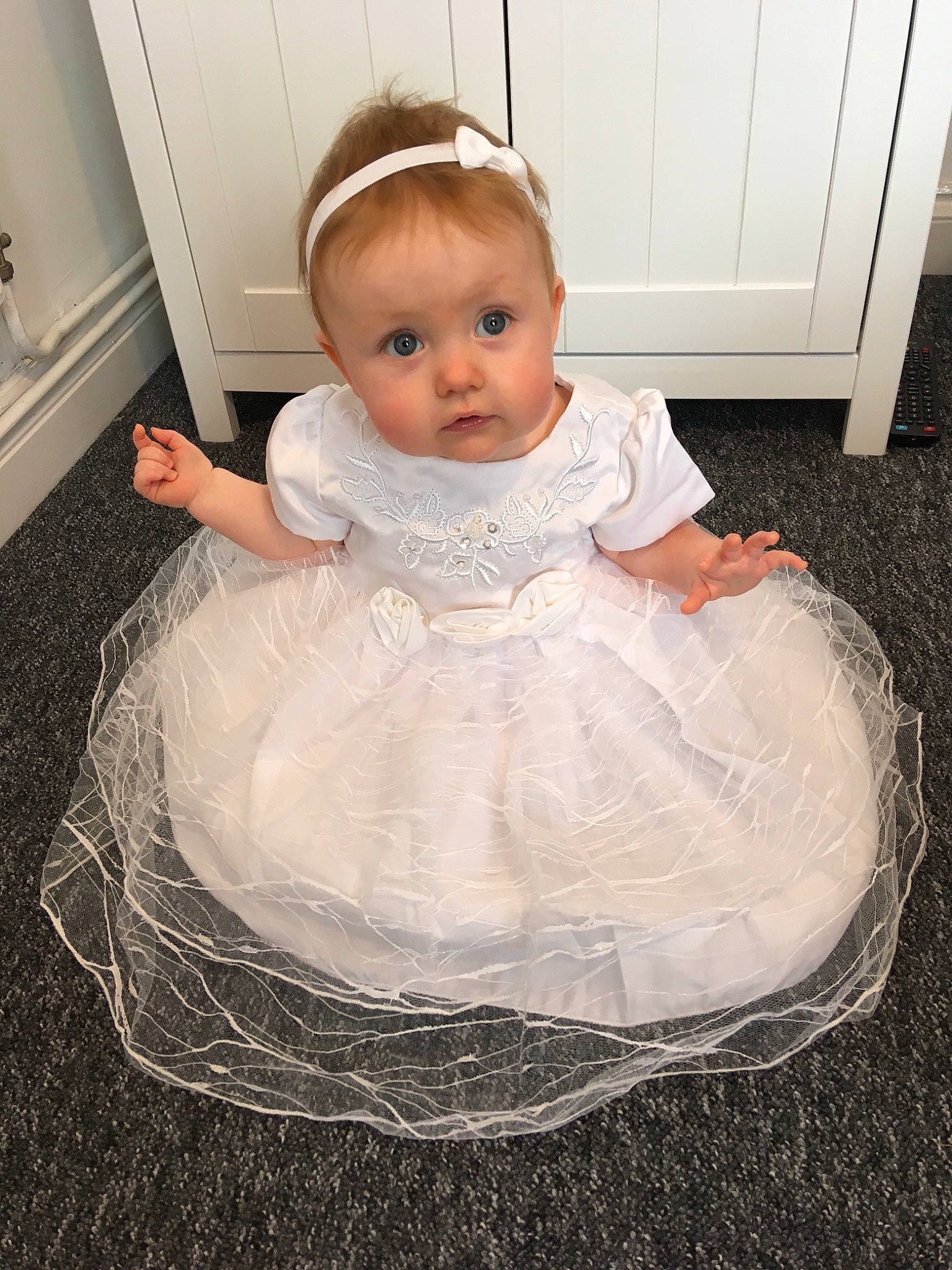 Courtney is registered to the contest to win money with this photo: baby, baby_products, baby_toddler_clothing, bridal_accessory, bridal_clothing, bridal_party_dress, child, clothing, costume, dress, gown, hair_accessory, headpiece, person, product, skin, toddler, wedding_dress, white