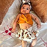 baby, infant, child, bed, pillow, orange_top, butterfly_pattern, headband, cute, lying_down, embroidery, fabric, skin, hand, foot, indoors, portrait, clothing, smiling, young