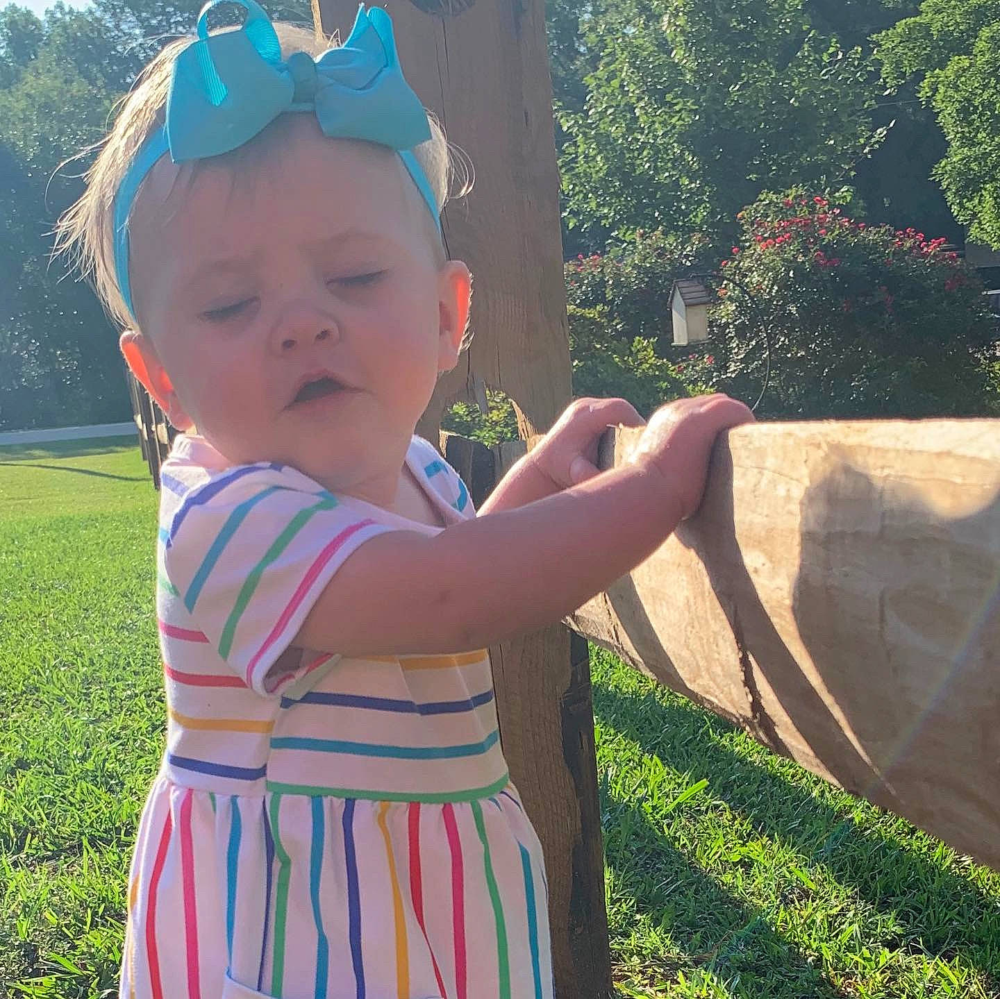 Anniston is registered to the contest to win money with this photo: baby, child, dress, ear, grass, hair_accessory, headgear, leaf, neck, person, photography, plant, play, shoulder, skin, smile, summer, sunlight, toddler, tree