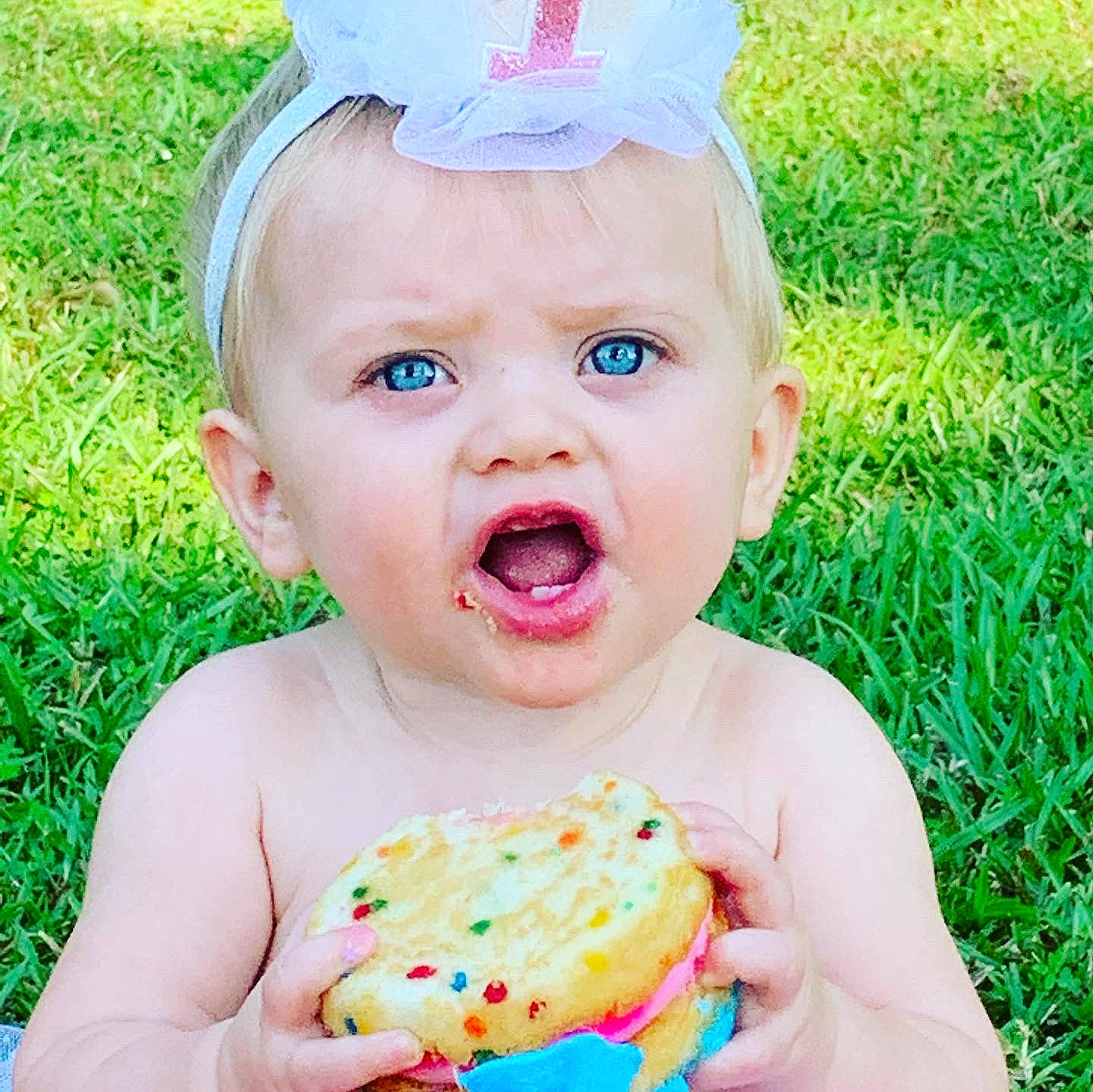 Anniston joined the competition — help win amazing prizes! baby, baby_toddler_clothing, baked_goods, birthday, cake, child, cuisine, dessert, eating, fashion_accessory, food, happy, headgear, party, person, pink, play, smile, surprise, sweetness