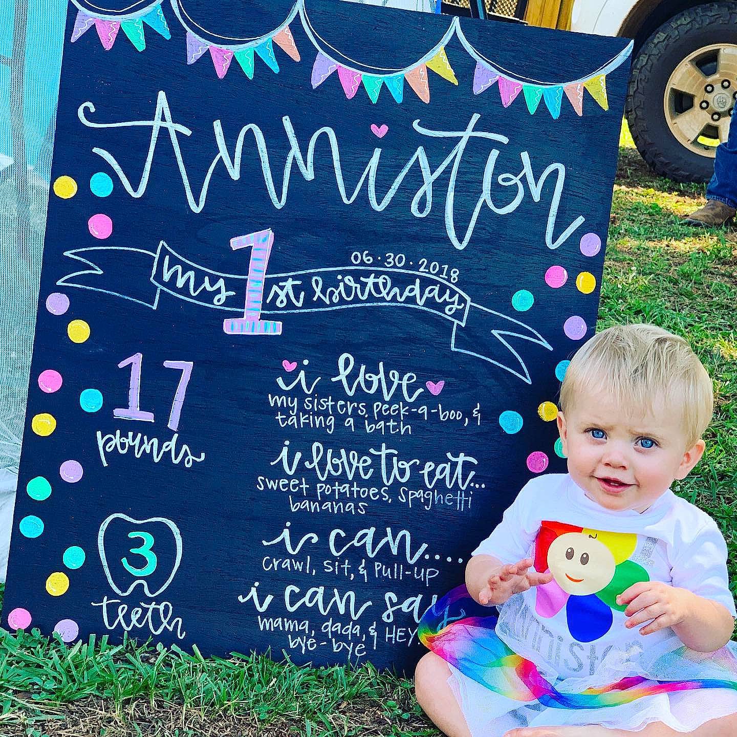 Anniston is registered to the contest to win money with this photo: birthday, blackboard, chalk, child, happy, party, party_supply, person, play, summer, text, toddler