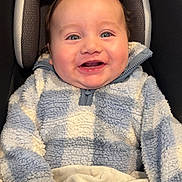 Johnny joined the competition — help win amazing prizes! baby, infant, smiling, happy, car_seat, seat, blanket, fleece_jacket, blue_jacket, cheeks, eyes, mouth, teeth, hand, portrait, close_up, cozy, stroller, cute, child