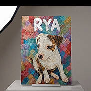 Rya joined the competition — help win amazing prizes! puzzle, dog, puppy, painting, colorful, jigsaw, art, stand, table, background, white, brown, sitting, pet, animal, illustration, decor, cute, portrait, multicolor