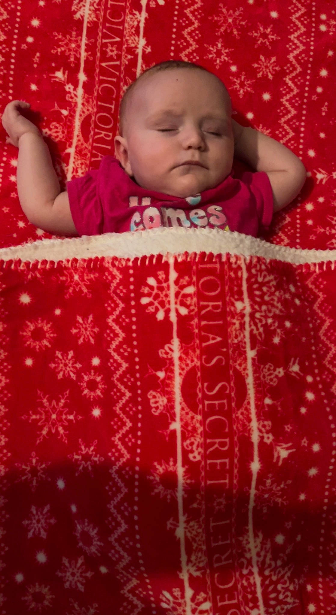 Brooklyn is registered to the contest to win money with this photo: baby, baby_toddler_clothing, cheek, child, comfort, face, facial_expression, happy, light, linens, magenta, orange, organ, person, photograph, pink, red, skin, sleeve, tints_and_shades