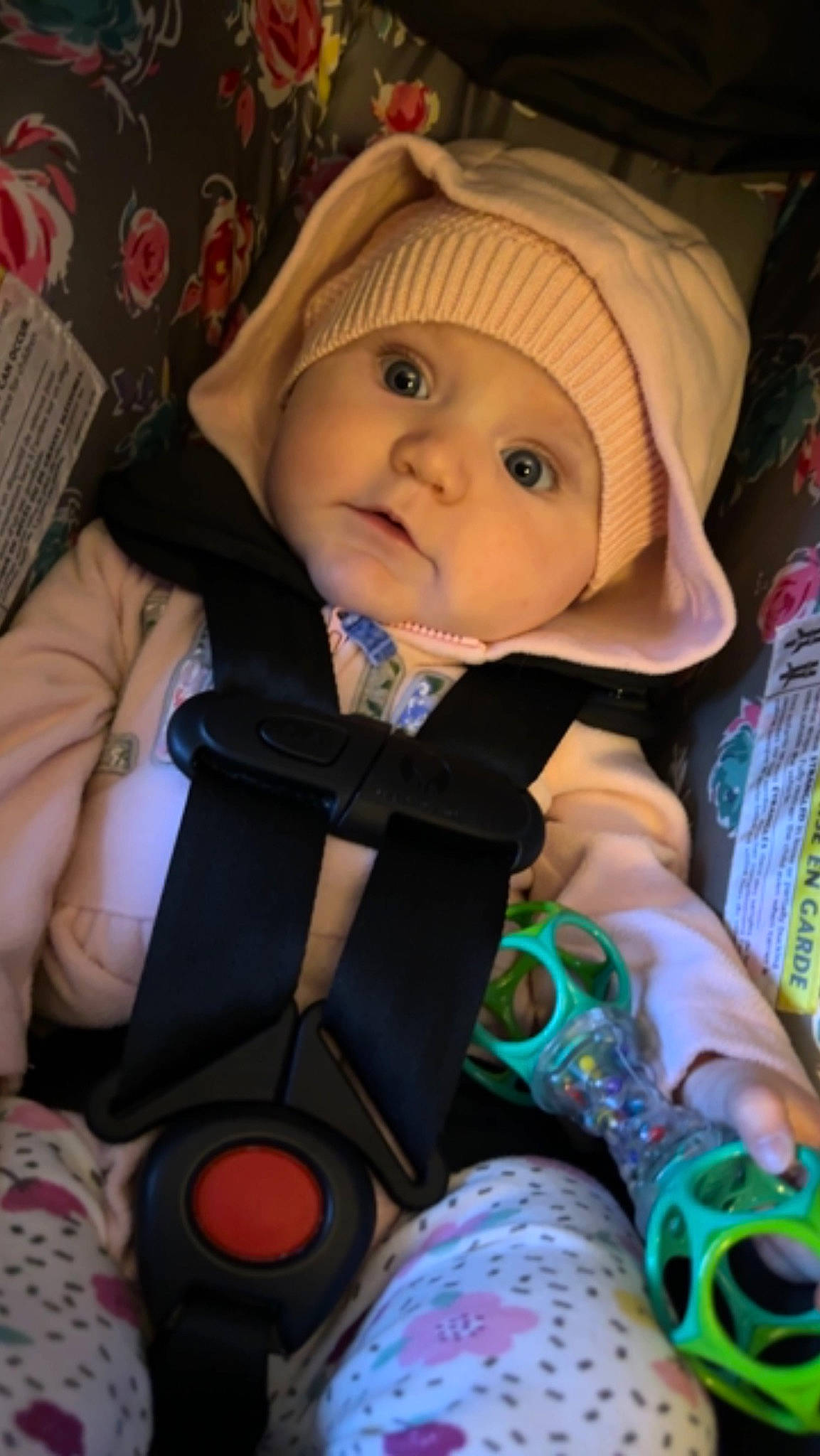 Brooklyn is registered to the contest to win money with this photo: baby, baby_carriage, baby_products, baby_safety, baby_toddler_clothing, cheek, child, comfort, doll, fun, headwear, knit_cap, linens, person, personal_protective_equipment, product, sitting, skin, textile, toddler