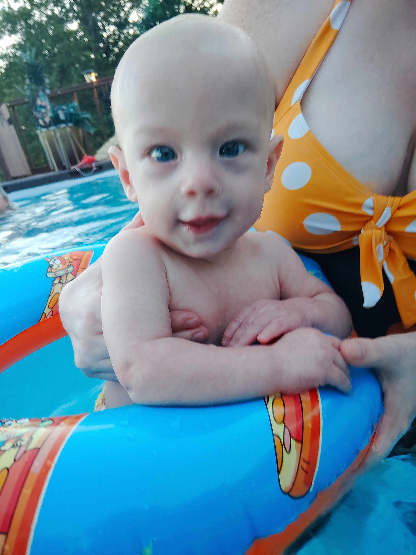 Felix is registered to the contest to win money with this photo: adult, baby, blue, child, face, fun, hand, inflatable_ring, nature, orange, outdoor, person, polka_dot, pool, recreation, skin, smile, summer, swimming, water