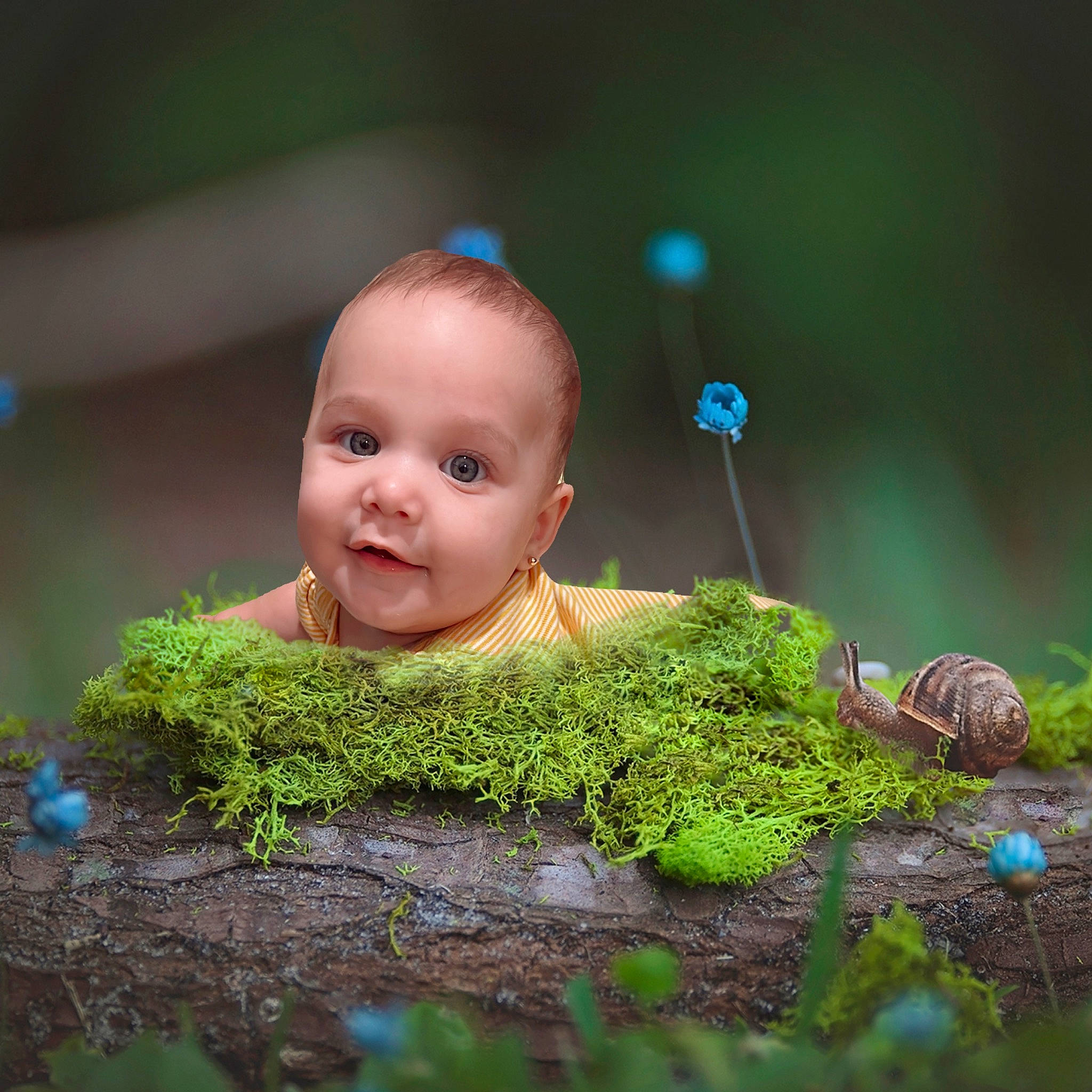 Audrey is registered to the contest to win money with this photo: baby, child, figurine, flash_photography, forest, grass, groundcover, happy, human_body, landscape, lawn_ornament, macro_photography, natural_landscape, people_in_nature, person, sitting, smile, soil, terrestrial_plant, toy