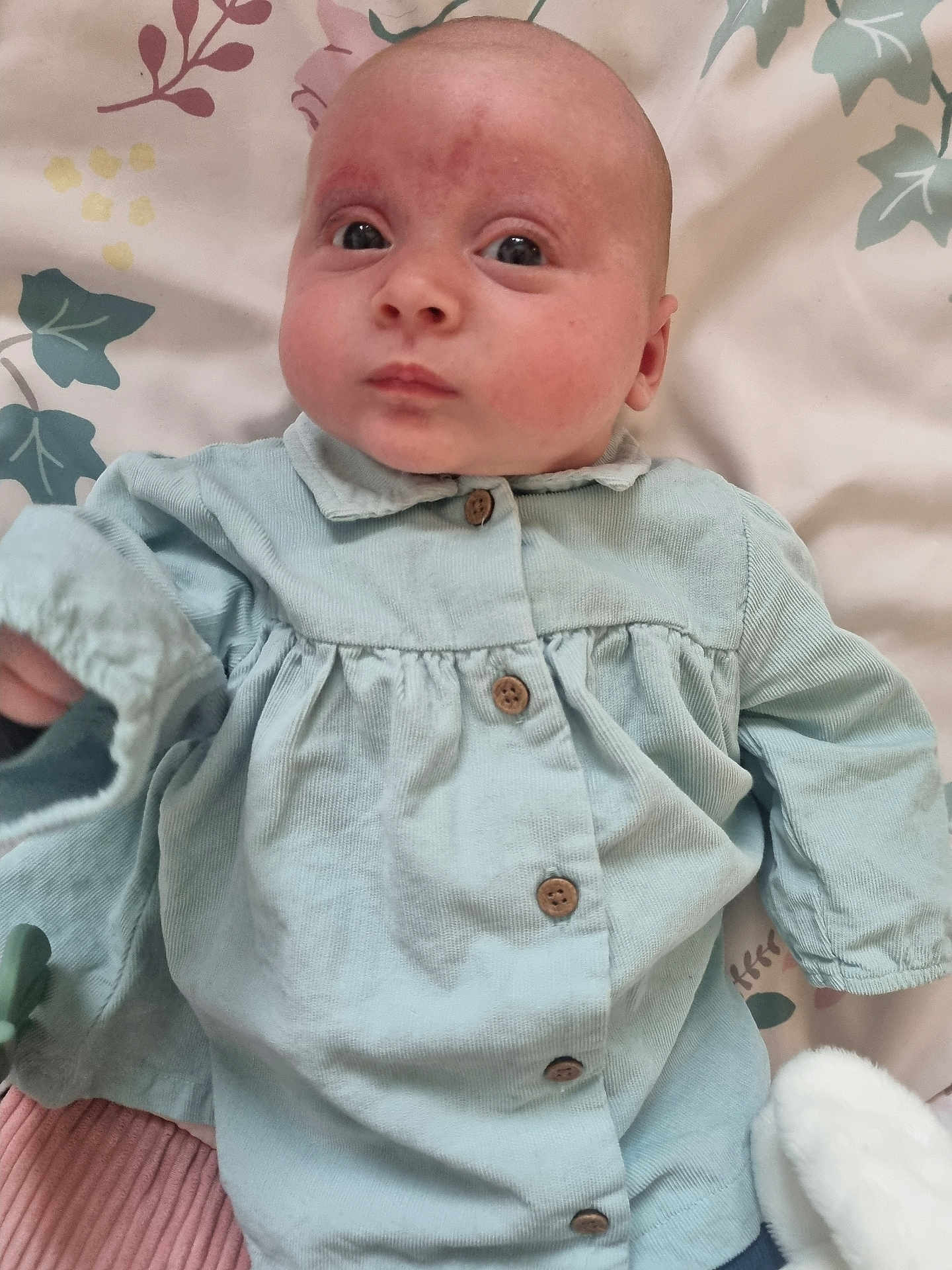 Rose is registered to the contest to win money with this photo: baby, infant, child, face, blue_clothing, buttoned_shirt, blanket, floral_pattern, lying_down, curious_expression, skin, head, eyes, mouth, hand, soft_texture, indoors, portrait, person, newborn