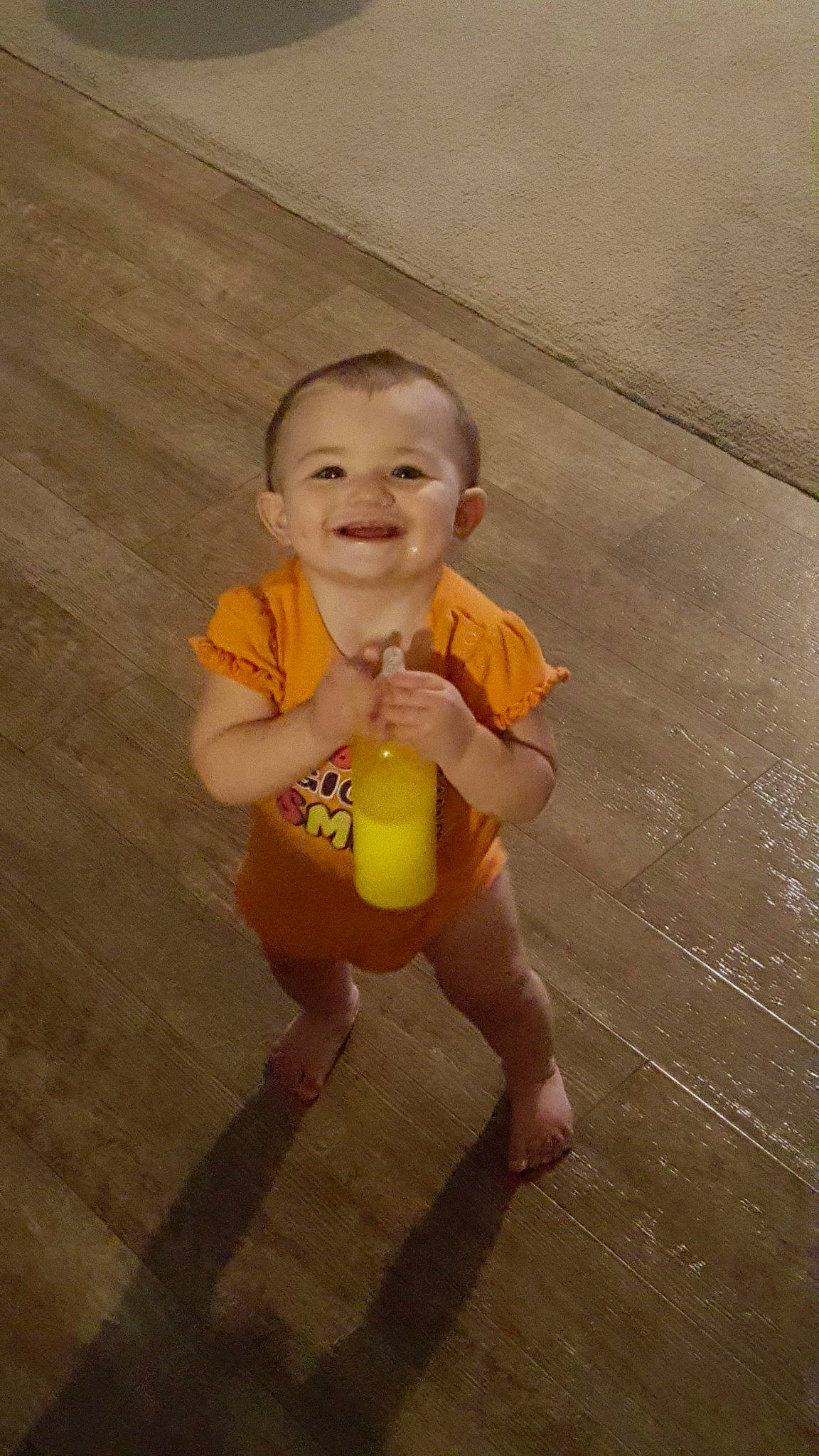 Mia joined the competition — help win amazing prizes! baby, child, floor, fun, person, play, standing, toddler, yellow