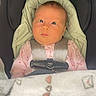 Ember joined the competition — help win amazing prizes! baby, infant, car_seat, blanket, pink_clothing, straps, face, child, indoor, soft_toy_pattern, cute, young_child, portrait, sitting, safety_harness, cozy, looking_up, expression, head_support, newborn