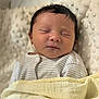 baby, newborn, sleeping, blanket, cushion, soft, face, peaceful, infant, clothing, striped, indoors, closeup, resting, cute, portrait, child, wrapped, cozy, skin