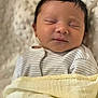 baby, newborn, sleeping, blanket, clothing, striped, face, infant, soft, cozy, peaceful, portrait, closeup, wrapped, cute, child, resting, head, skin, indoors