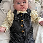 Louise a rejoint le concours — aidez-le/la à gagner de superbes lots ! baby, infant, child, face, eyes, clothing, denim, overall, shirt, blanket, pattern, animal_print, cute, fashion, portrait, soft_texture, lying_down, hands, innocent, young