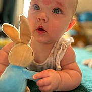 Aria is registered to the contest to win money with this photo: baby, infant, plush_toy, bunny, soft_toy, child, face, hand, cute, indoors, portrait, expression, skin_mark, toy, lying_down, close_up, blue, furniture, soft_focus, curious