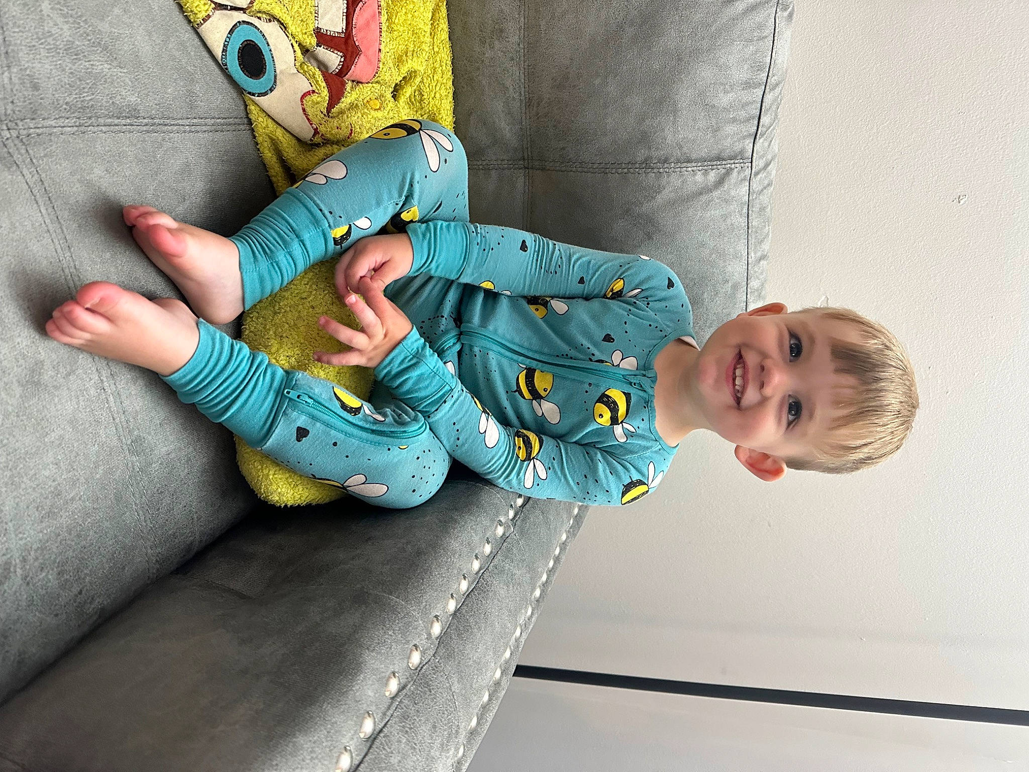 Timothy joined the competition — help win amazing prizes! baby, baby_products, baby_sleeping, baby_toddler_clothing, baby_toys, child, comfort, denim, electric_blue, fashion_accessory, gesture, joy, linens, pattern, person, sitting, sleeve, smile, stuffed_toy, t_shirt