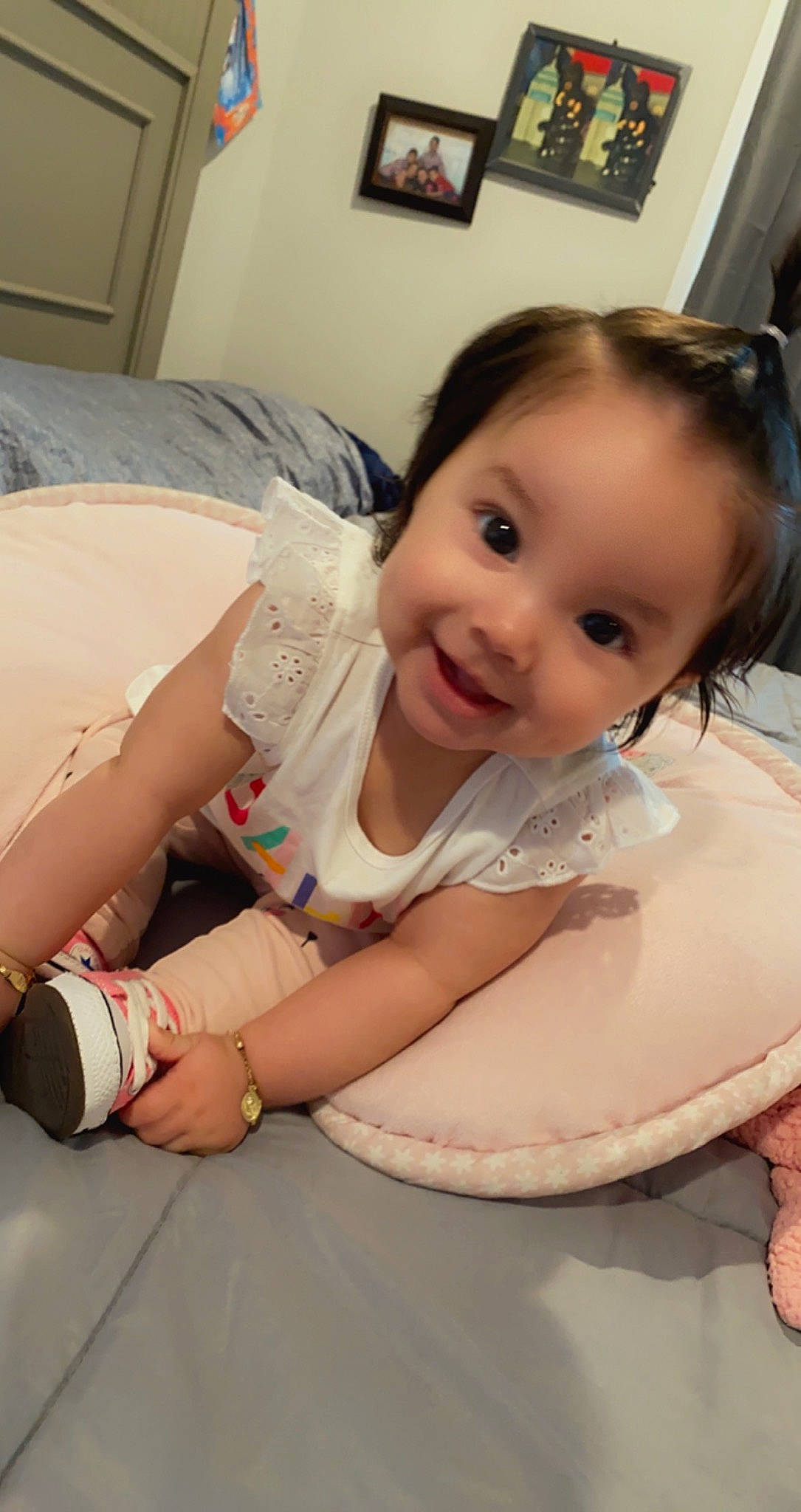 Kylie Villatoro joined the competition — help win amazing prizes! baby, baby_toddler_clothing, cheek, child, comfort, dress, elbow, finger, hand, happy, human_body, iris, joy, leg, lip, mouth, person, pink, product, skin