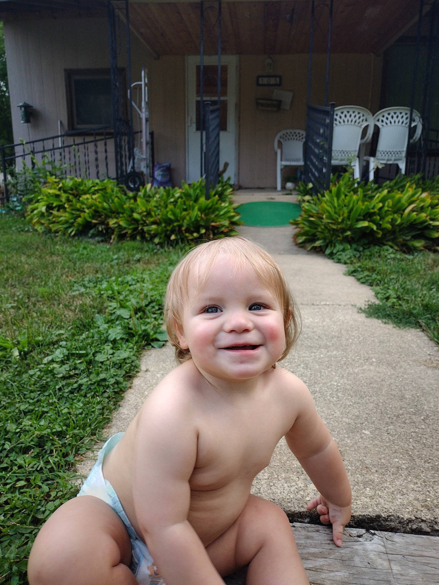 Bellamy joined the competition — help win amazing prizes! baby, barechested, cheek, chest, child, flooring, garden, grass, happy, joy, leisure, people_in_nature, person, plant, shrub, sitting, smile, summer, thumb, toddler