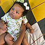 Railey is registered to the contest to win money with this photo: baby, child, infant, person, hands, hair_bow, clothing, patterned_outfit, floor_mat, checkered_pattern, yellow, black, white, green, curly_hair, lying_down, looking_sideways, skin, cute, indoor