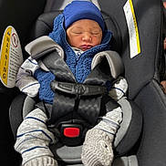 Eros Alejandro is registered to the contest to win money with this photo: baby, blue_jacket, bundle, car_seat, child, closeup, cozy, cute, hat, indoor, infant, knitted_mittens, newborn, peaceful, portrait, safety_harness, seat_belt, sleeping, striped_clothing, transportation