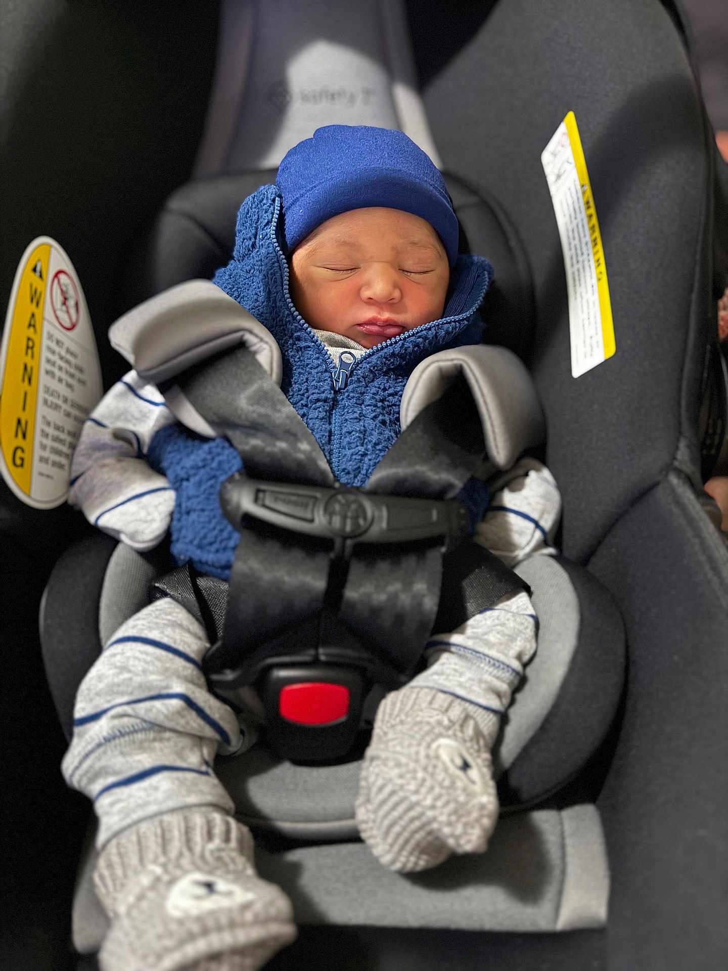 Eros Alejandro is registered to the contest to win money with this photo: baby, blue_jacket, bundle, car_seat, child, closeup, cozy, cute, hat, indoor, infant, knitted_mittens, newborn, peaceful, portrait, safety_harness, seat_belt, sleeping, striped_clothing, transportation