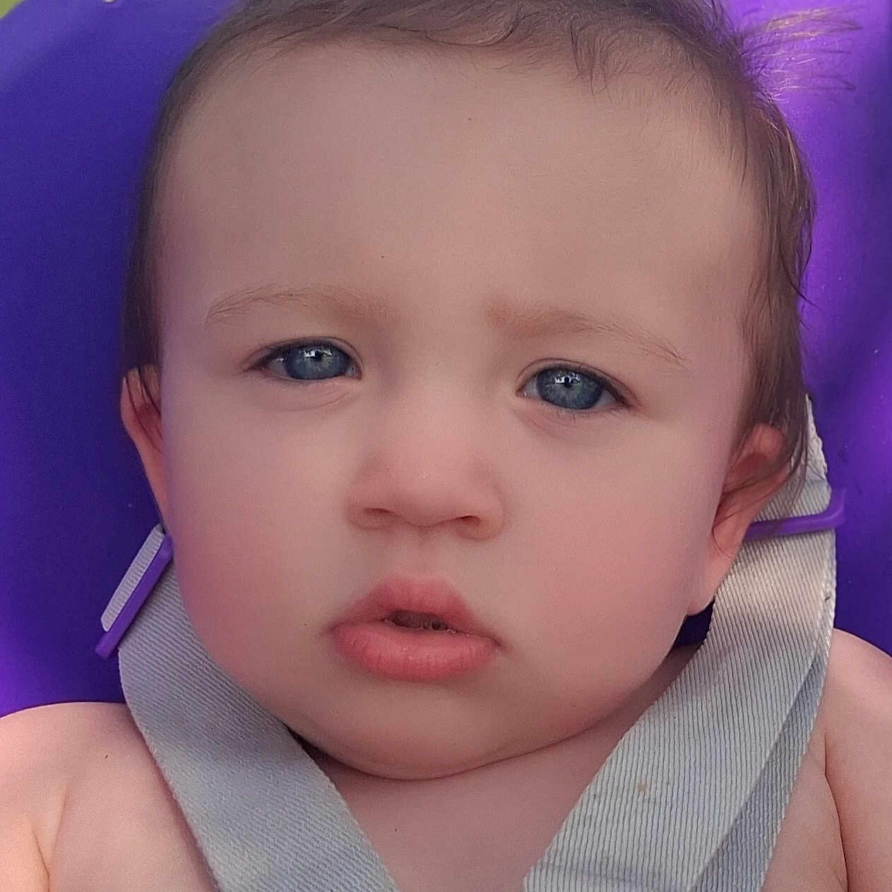 Raven Grace is registered to the contest to win money with this photo: baby, child, infant, portrait, face, eyes, blue_eyes, brown_hair, sitting, swing, purple, safety_harness, harness, outdoor, close_up, looking_at_camera, curious, serious, photography, safe