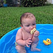 Raven Grace joined the competition — help win amazing prizes! baby, child, infant, outdoor, backyard, swimming_pool, water, rubber_duck, toy, snack, eating, sitting, blue_water, grass, garden, plants, house, portrait, summer, playtime