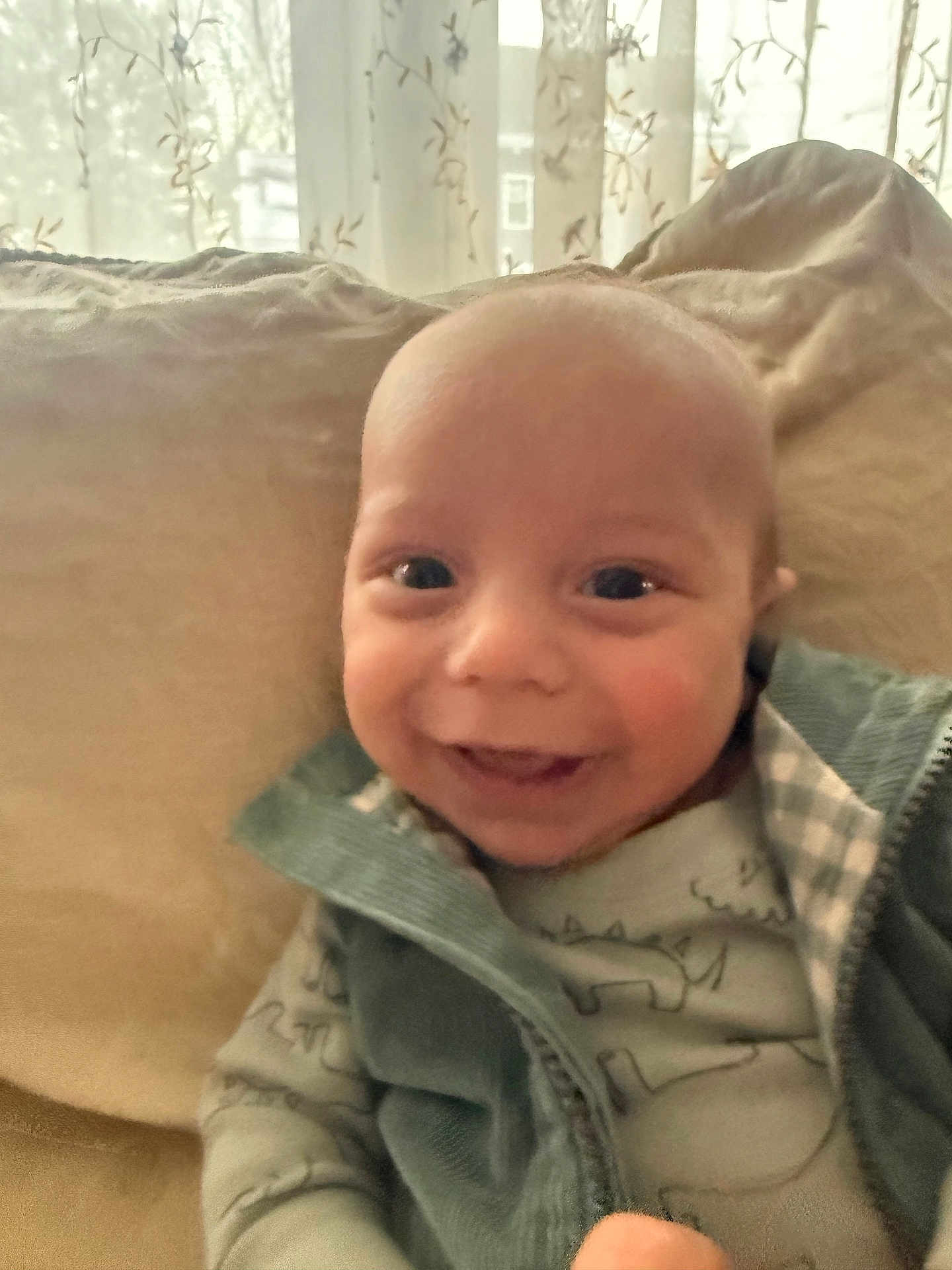 Silas is registered to the contest to win money with this photo: baby, smiling, infant, face, clothing, vest, dinosaur_pattern, cushion, indoor, curtains, window, happy, child, person, portrait, comfortable, soft_lighting, cozy, closeup, young