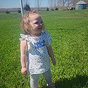 Ellaria is registered to the contest to win money with this photo: child, toddler, grass, field, outdoor, sunny, sky, blue_sky, green, happy, smiling, clothing, shoes, legs, person, hair, nature, daylight, cute, portrait