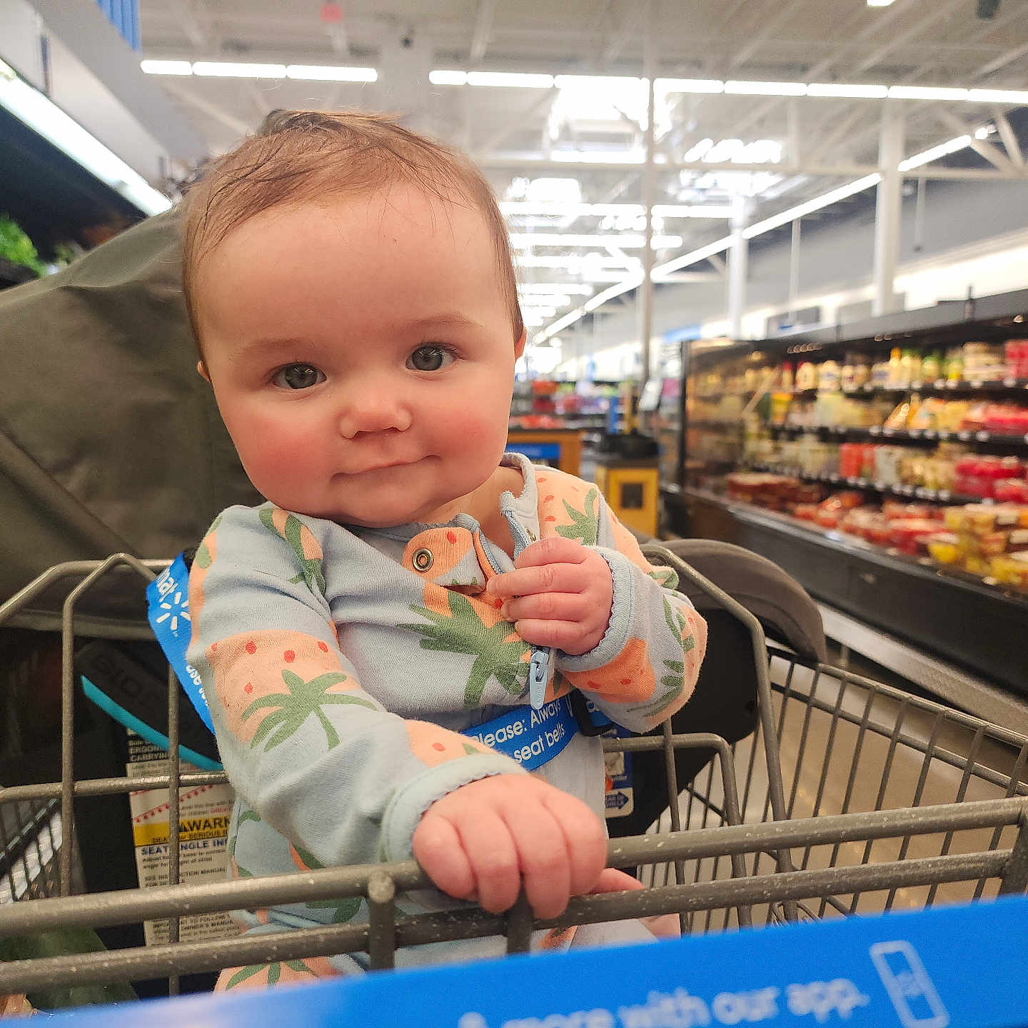 Zoey is registered to the contest to win money with this photo: aisle, baby, child, clothing, curious, cute, face, food_shelves, grocery_store, hand, holding, indoor, infant, onesie, person, pineapple_pattern, seat_belt, shopping, shopping_cart, smile