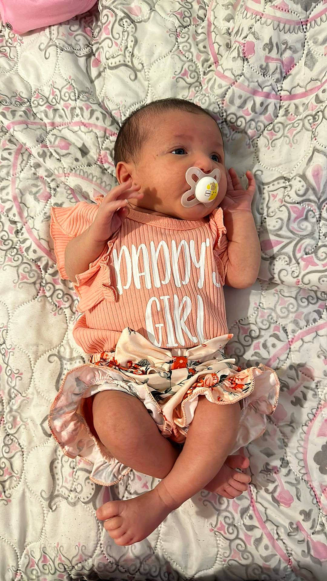 Kaelynn joined the competition — help win amazing prizes! abdomen, baby, baby_toddler_clothing, beauty, chair, cheek, comfort, face, happy, head, human_leg, linens, nail, pattern, person, pink, skin, textile, thigh, toddler